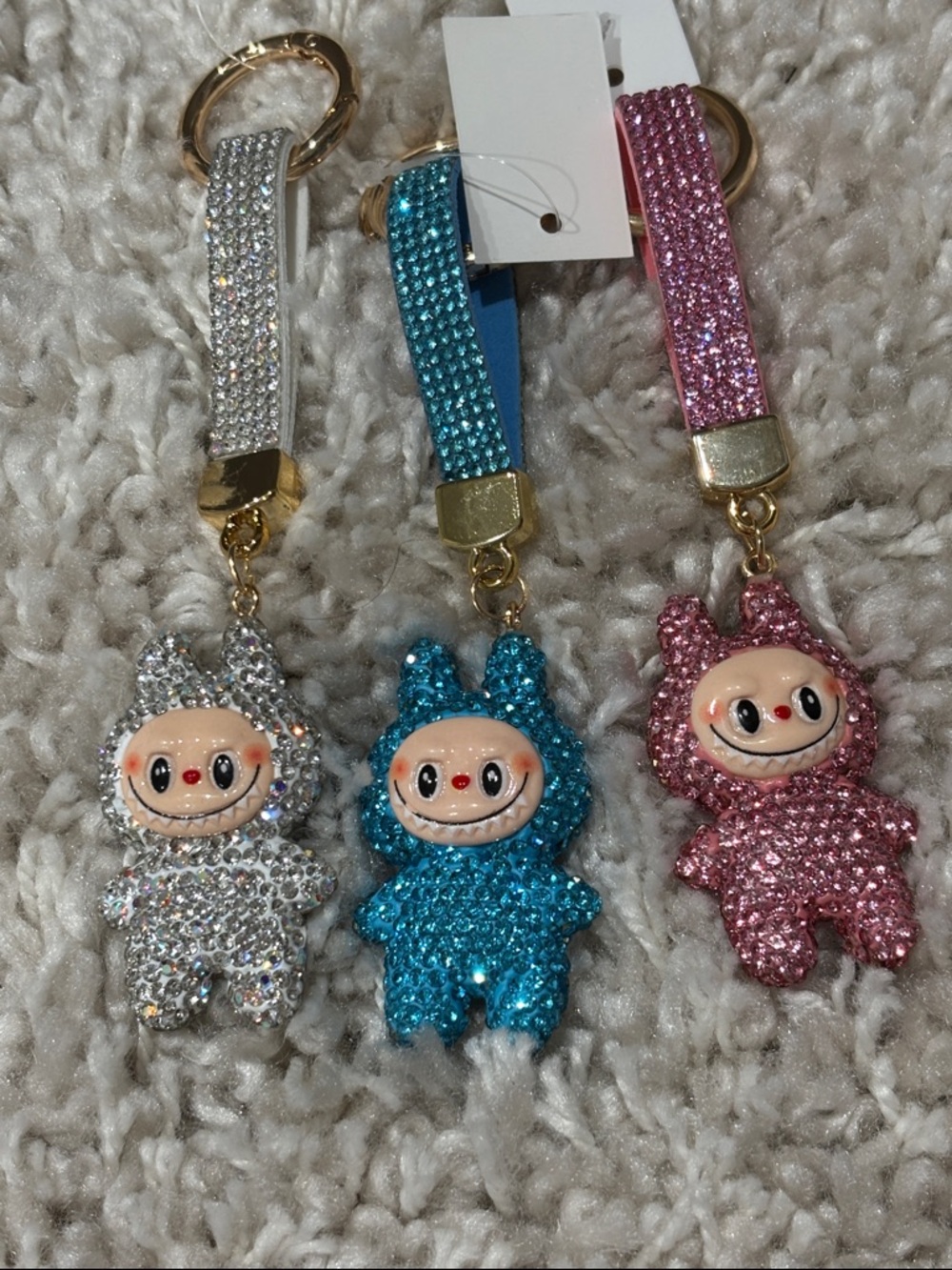 NWT Set of 3 look a like labubu Rhinestone Key-rings, unbranded